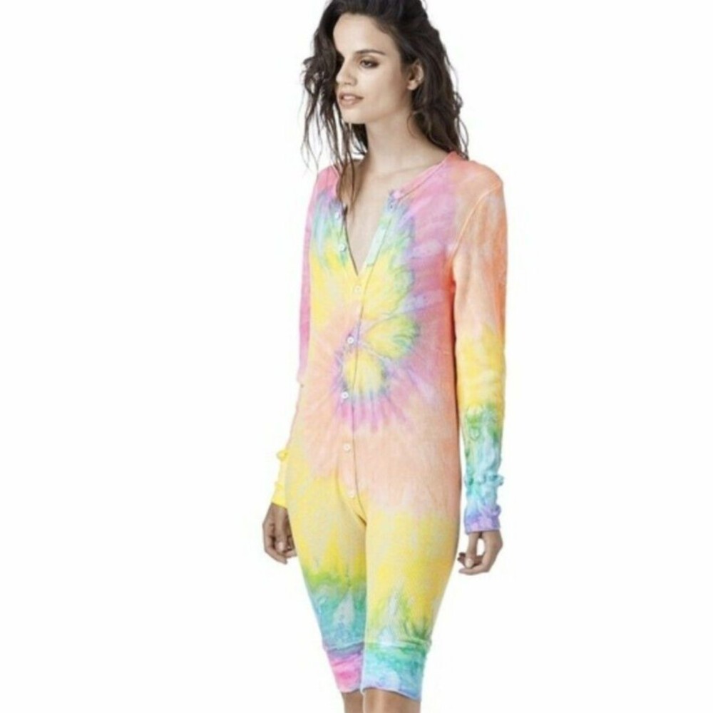UNIF Bongjohns Lily Allen Romper Jumpsuit Tie Dye Multicolor Thermal Rare Sz XS